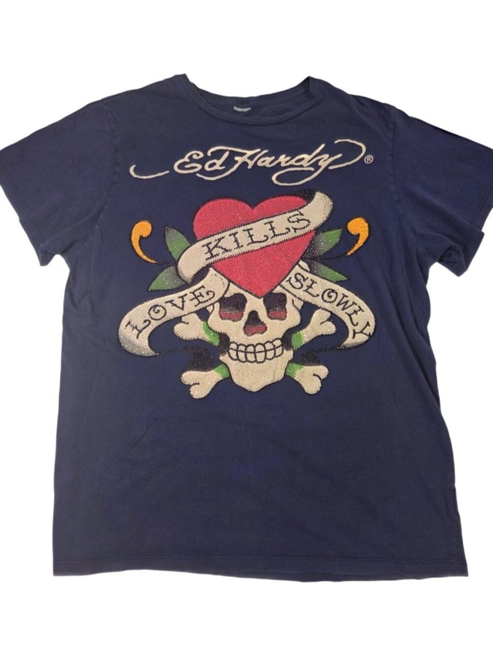 Ed Hardy Love Kills Skull Shirt Mens L Rhinestone Graphic Tattoo Y2K 90s Grunge